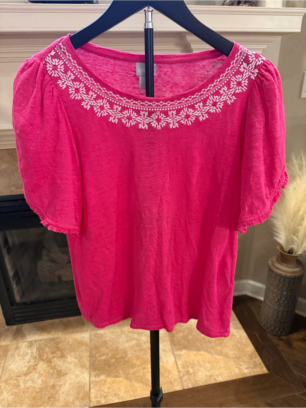 Chico's Hot Pink Short Sleeve Embroidered Scoop Neck Top